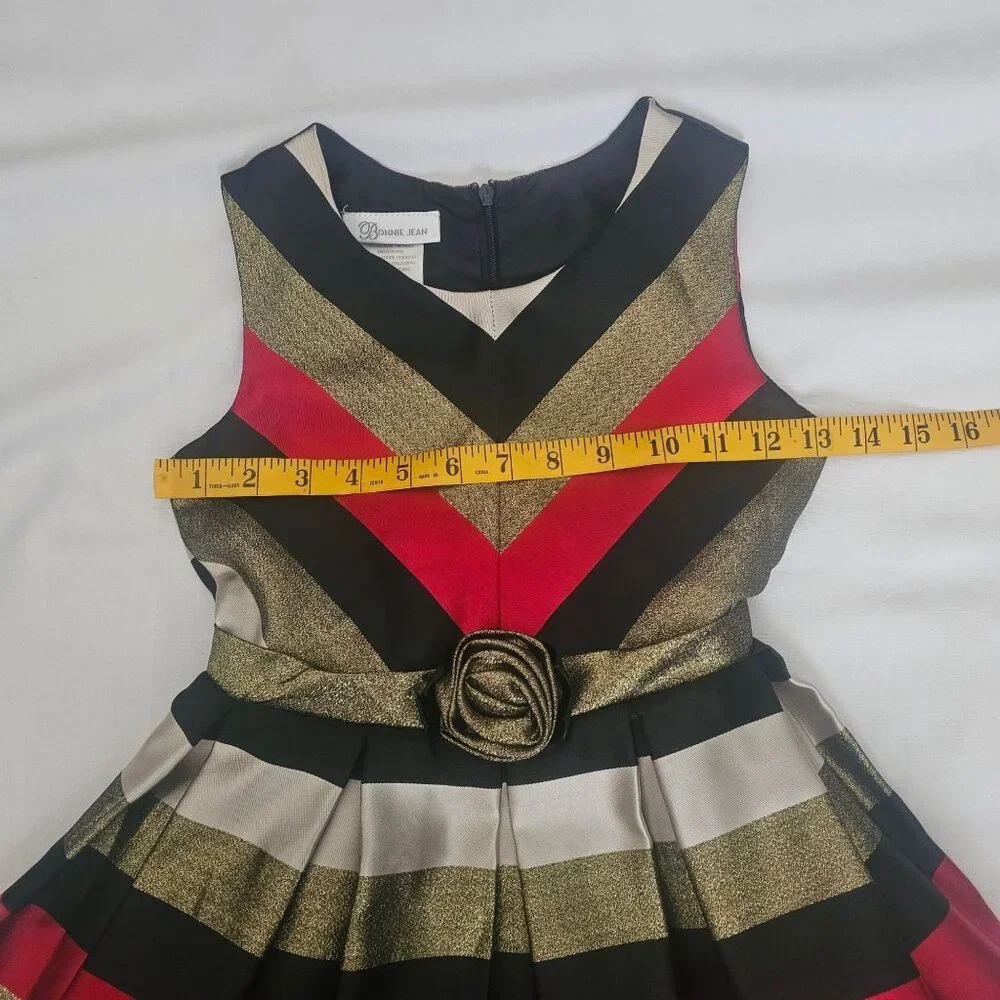 Bonnie Jean Metallic Stripe Gold Sash Bow Waist Sleeveless Party Dress Size 8 - Picture 9 of 11